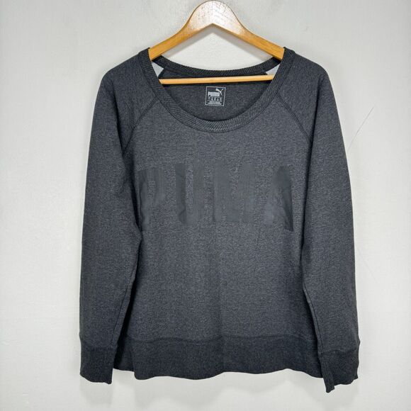 Puma Dry Cell Sweatshirt Sweater Women Large Gray Cropped Cotton Graphic Script - Picture 1 of 11